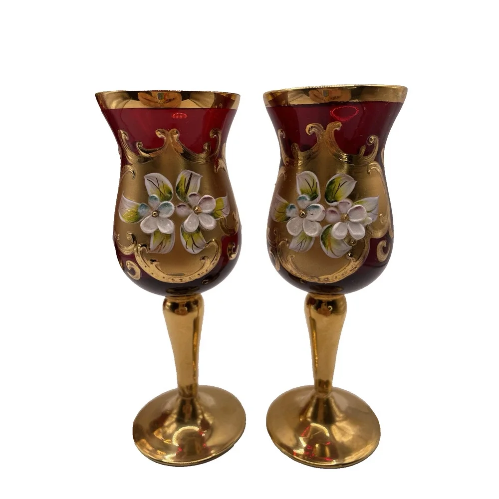 Vintage RED Tre Fuochi Murano Venetian Glass Aperitif Set gold Plated Italy